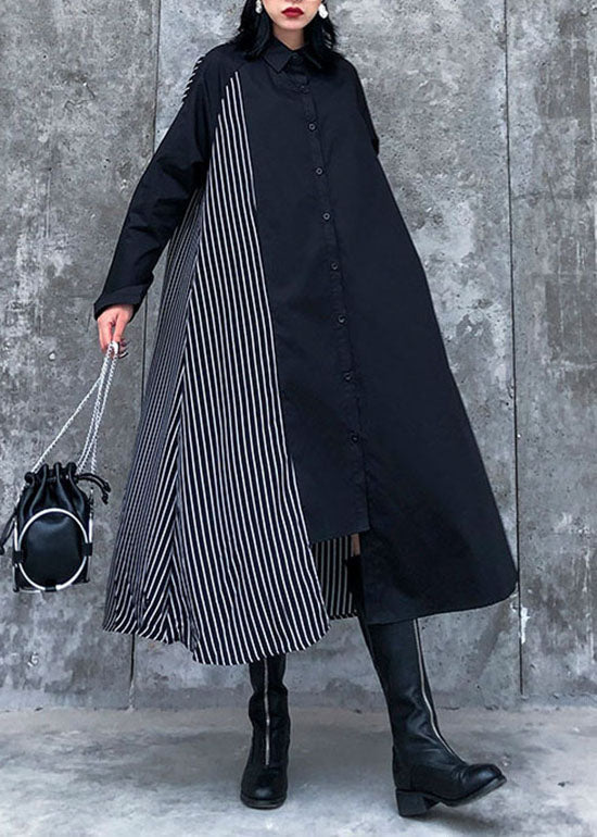 Black Asymmetrical Striped Patchwork Shirt Dresses Spring