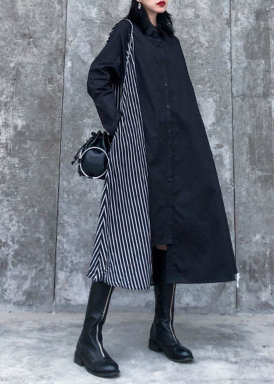 Black Asymmetrical Striped Patchwork Shirt Dresses Spring