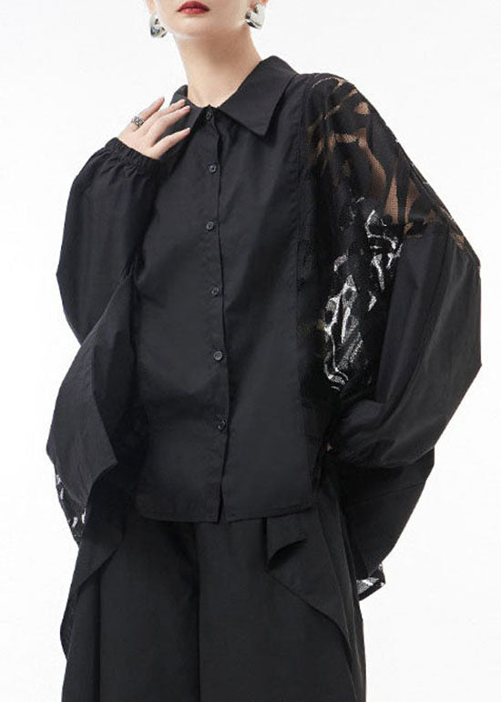 Black Peter Pan Collar Lace Patchwork Blouse Tops Spring