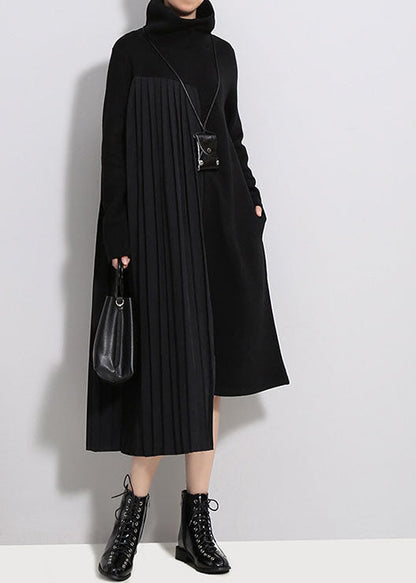 Black Wrinkled Turtle Neck Knit Dresses Spring