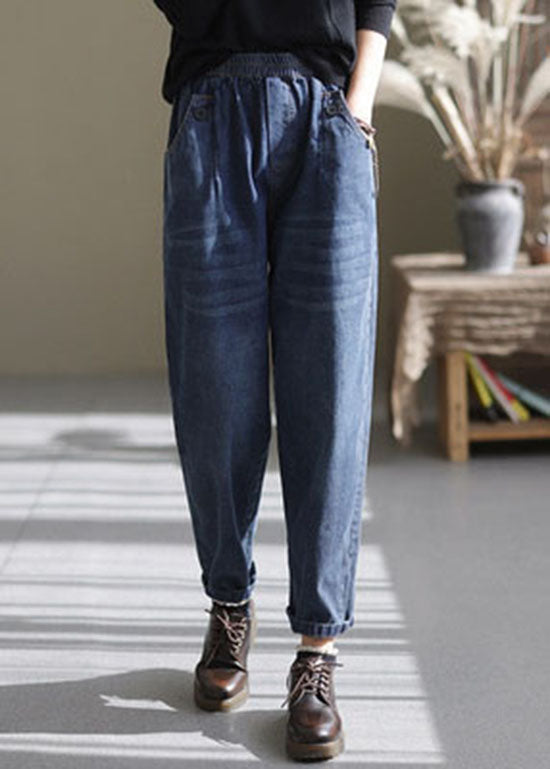 Blue Elastic Waist Pockets Harem Pants Spring