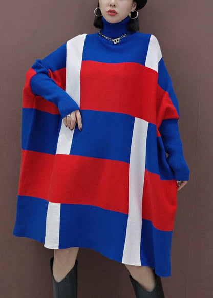 Blue Red Turtle Neck Knit Dress Spring