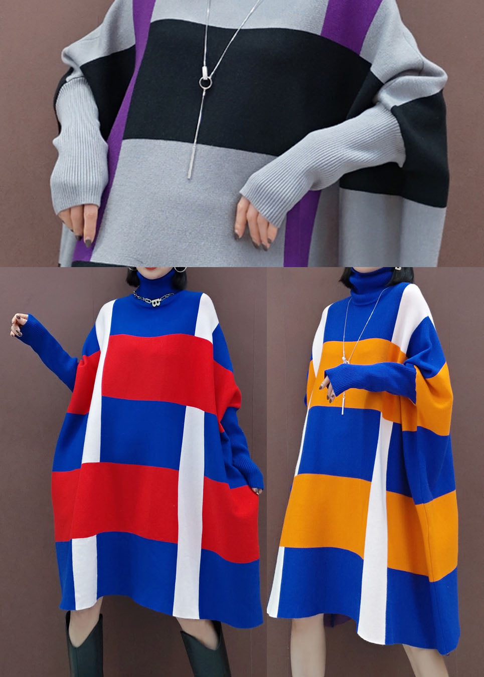 Blue Red Turtle Neck Knit Dress Spring