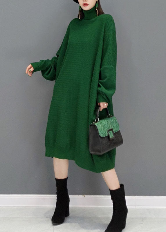 Green Turtle Neck Knit Sweater Dresses Batwing Sleeve