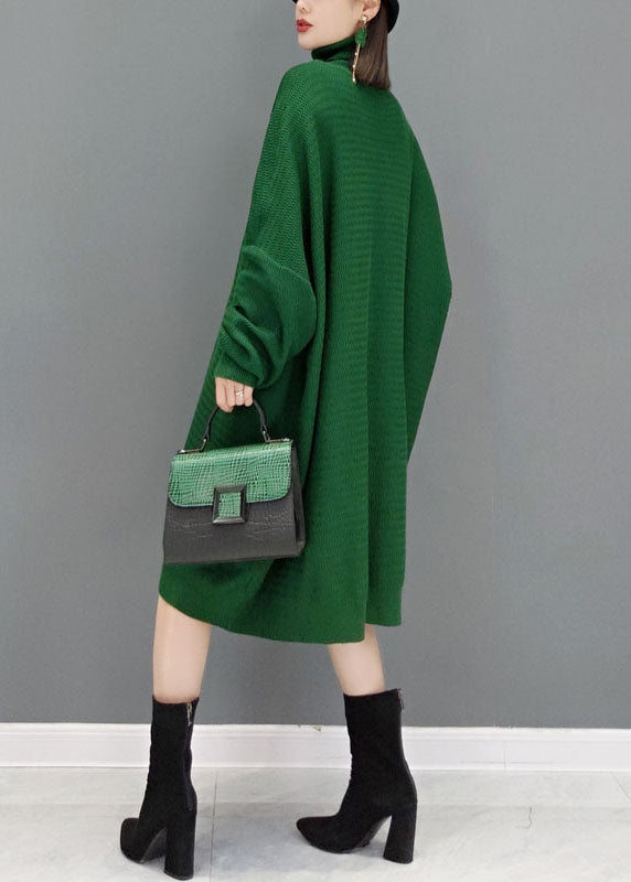 Green Turtle Neck Knit Sweater Dresses Batwing Sleeve