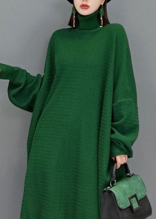 Green Turtle Neck Knit Sweater Dresses Batwing Sleeve
