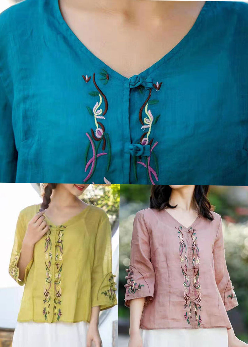 Pink Button Linen Shirt Tops Three Quarter Sleeve