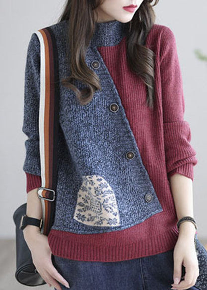Red Grey Stand Collar Patchwork Knit Tops Spring