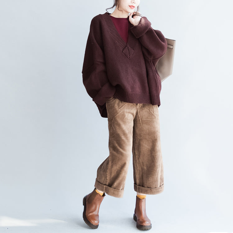 Whiter Cotton Sweaters Burgundy Loose Long Knit Pullover