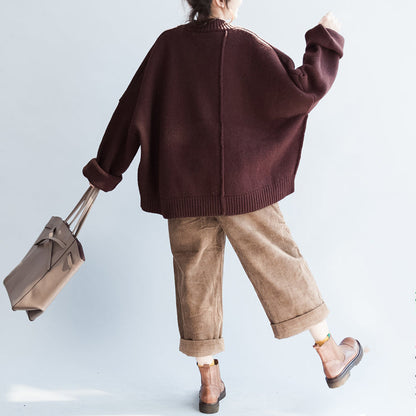 Whiter Cotton Sweaters Burgundy Loose Long Knit Pullover