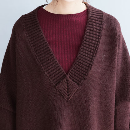 Whiter Cotton Sweaters Burgundy Loose Long Knit Pullover