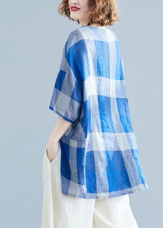 Blue Low High Design O-neck Plaid Linen Top Long Sleeve