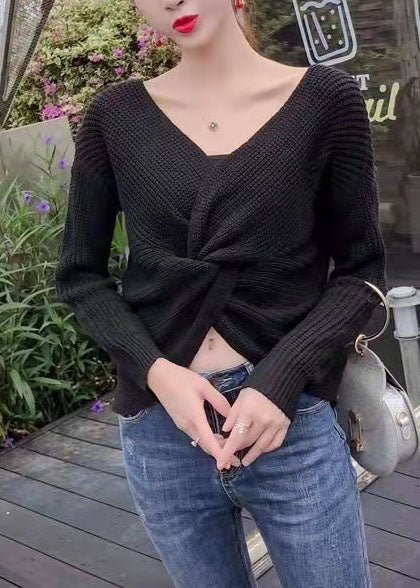 Chocolate V Neck Knit Fall Tops