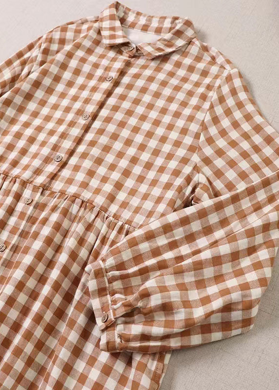 Orange Ruffled Pockets Plaid Dress Spring