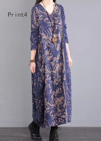 Print Patchwork Cotton Long Dresses V Neck Fall
