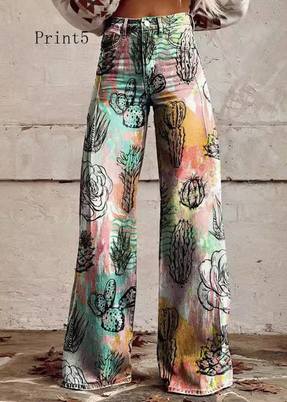 Print Pockets Loose Denim Wide Leg Pants High Waist Spring