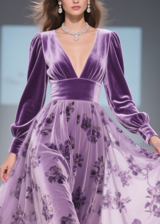 Print Wrinkled High Waist Patchwork Silk Velvet Long Dresses V Neck Spring