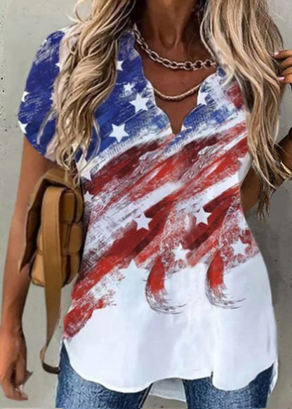 Printed Shirt Printing Short Sleeve V Neck Waves Tops Black White Colour