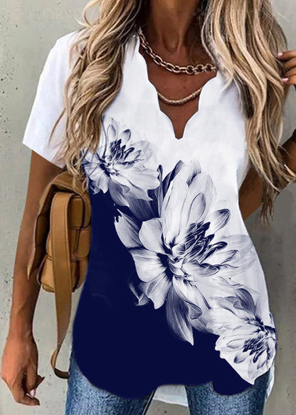 Printed Shirt Printing Short Sleeve V Neck Waves Tops Black White Colour
