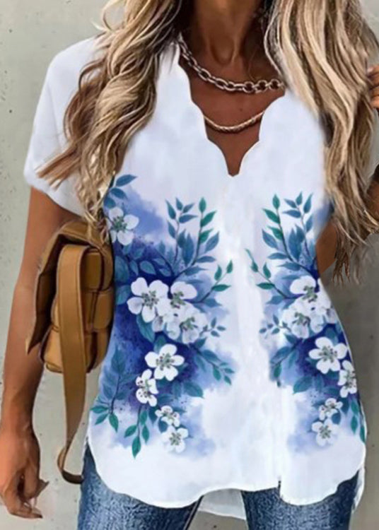Printed Shirt Printing Short Sleeve V Neck Waves Tops Black White Colour
