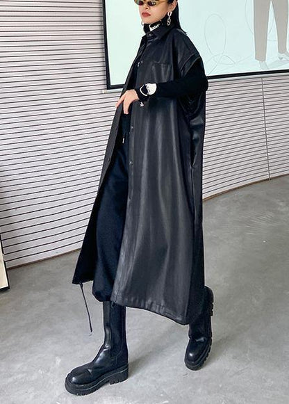 Pu Leather Jacket Autumn Mid-length Lapel Sleeveless Leather Jacket