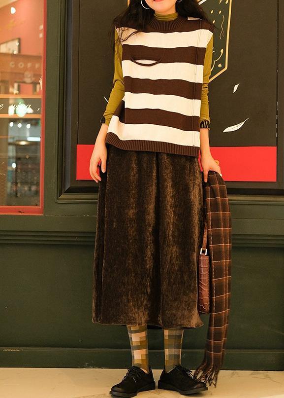 Pullover Chocolate Striped Knit Top Silhouette O Neck Sleeveless Knit Tops