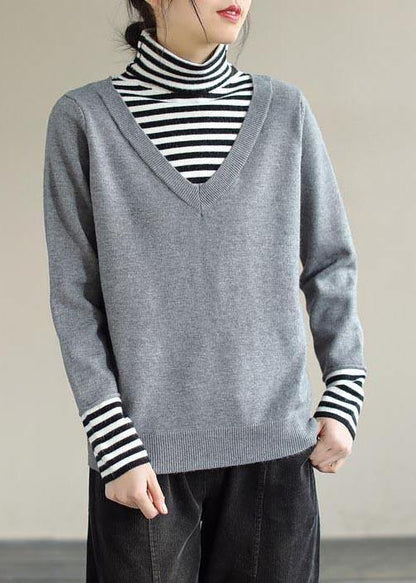 Pullover Light Gray Sweater Tops Patchwork High Neck Spring Knit Sweat Tops