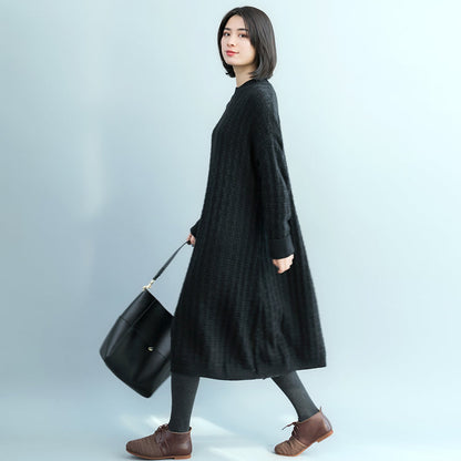 Pullover Sweater Dresses O Neck Black Oversized Knitted Dress