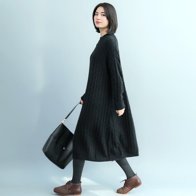 Pullover Sweater Dresses O Neck Black Oversized Knitted Dress