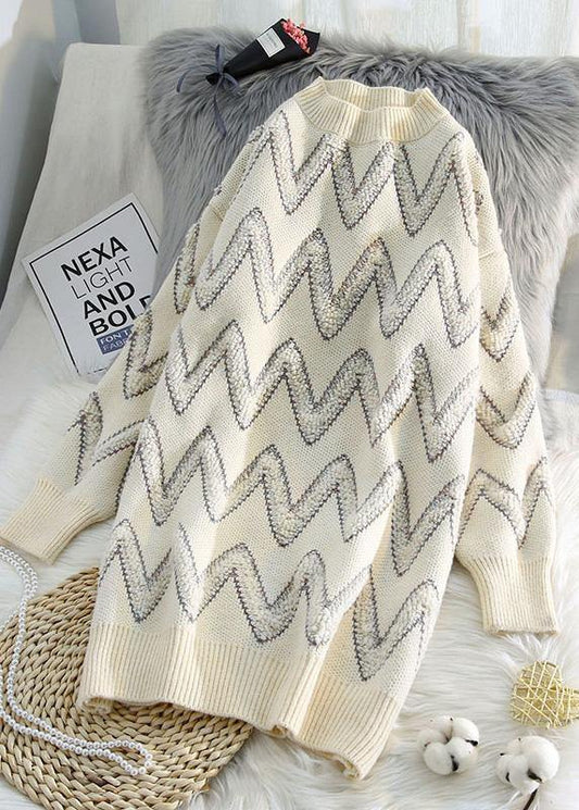 Pullover Beige Sweater Knit Top Pattern Design O Neck Thick Daily Knit Dresses