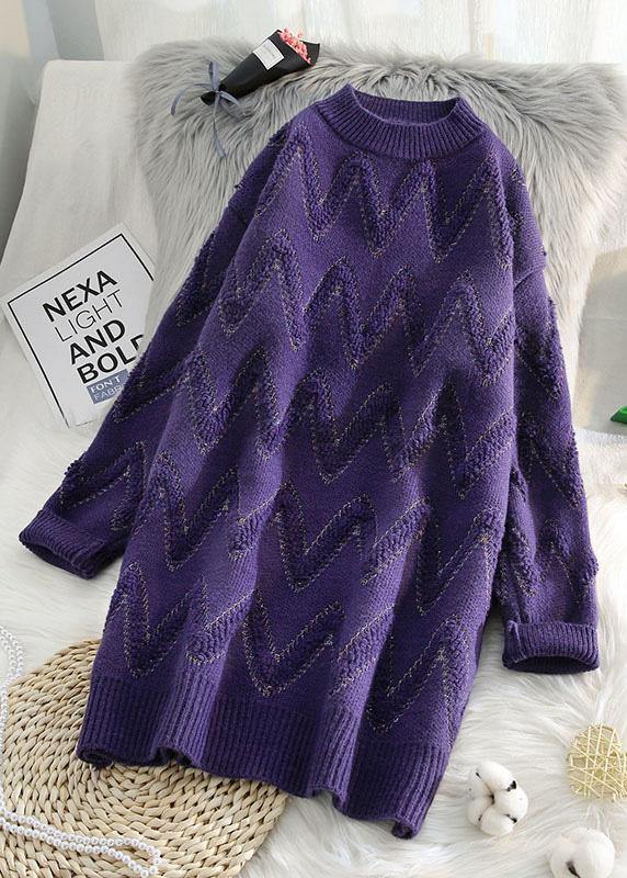 Pullover Beige Sweater Knit Top Pattern Design O Neck Thick Daily Knit Dresses