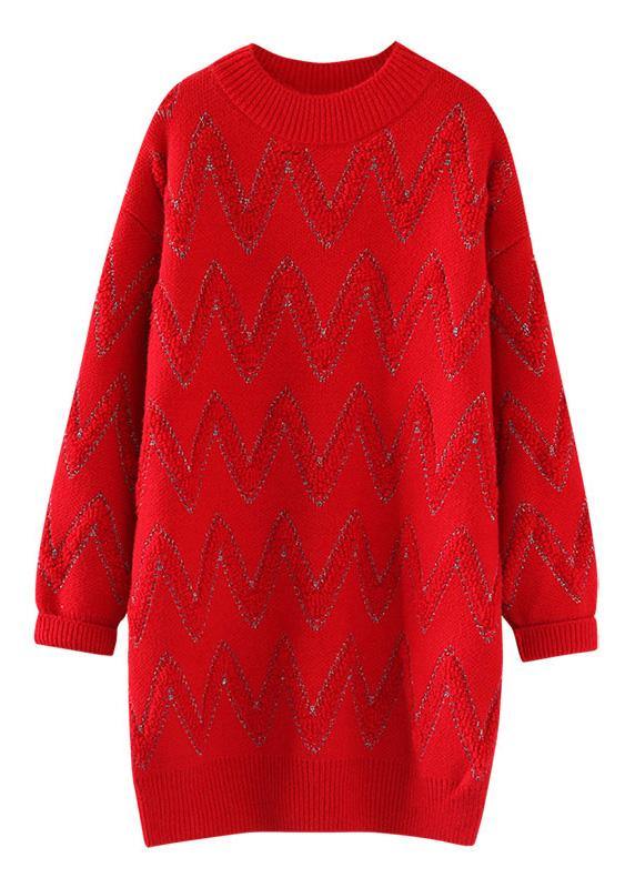 Pullover Beige Sweater Knit Top Pattern Design O Neck Thick Daily Knit Dresses