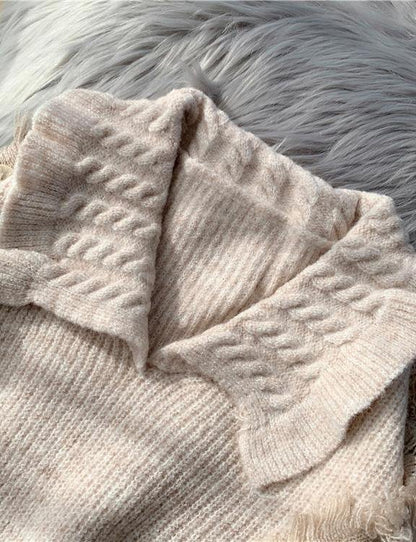 Pullover Beige Crane Tops Lapel Asymmetric Knitted Blouse