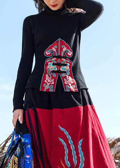 Pullover Black Blouse Embroidery High Knit Tops