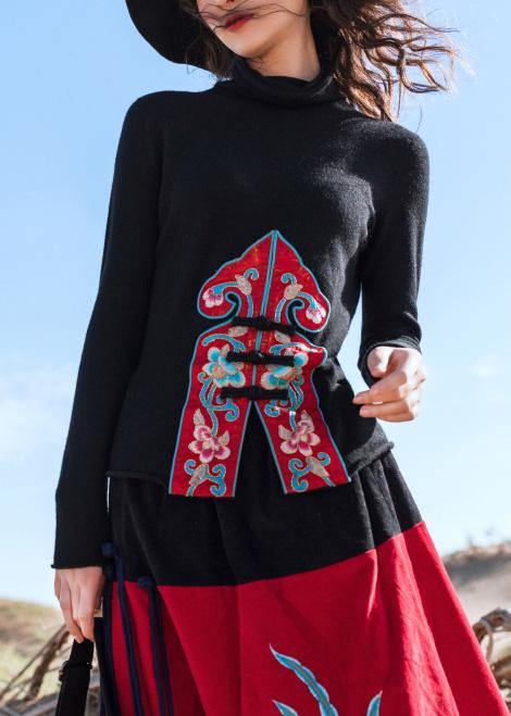 Pullover Black Blouse Embroidery High Knit Tops