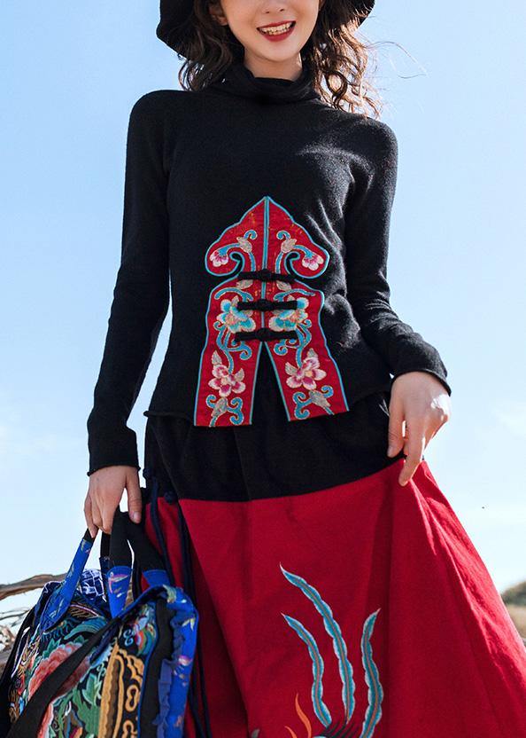 Pullover Black Blouse Embroidery High Knit Tops