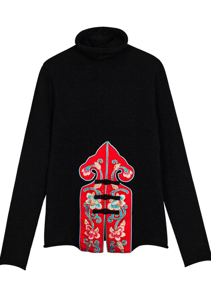 Pullover Black Blouse Embroidery High Knit Tops