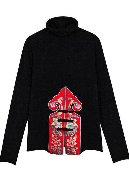 Pullover Black Blouse Embroidery High Knit Tops