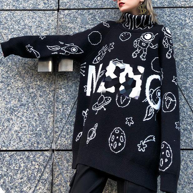 Pullover Black Letter Knit Blouse High Neck Loose Fitting Sweaters
