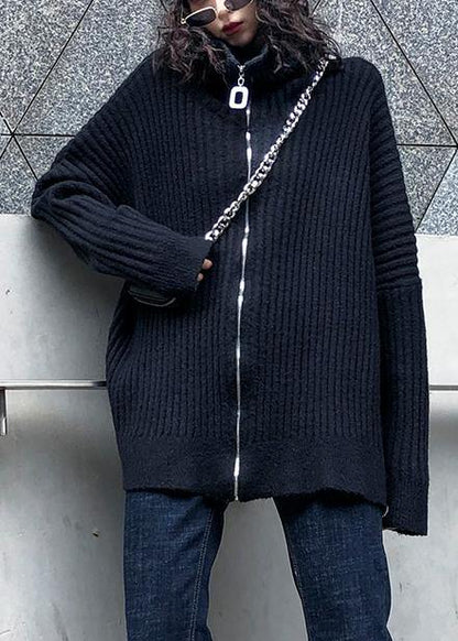 Pullover Black Knit Tops Sweaters High Neck Zippered