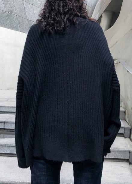 Pullover Black Knit Tops Sweaters High Neck Zippered