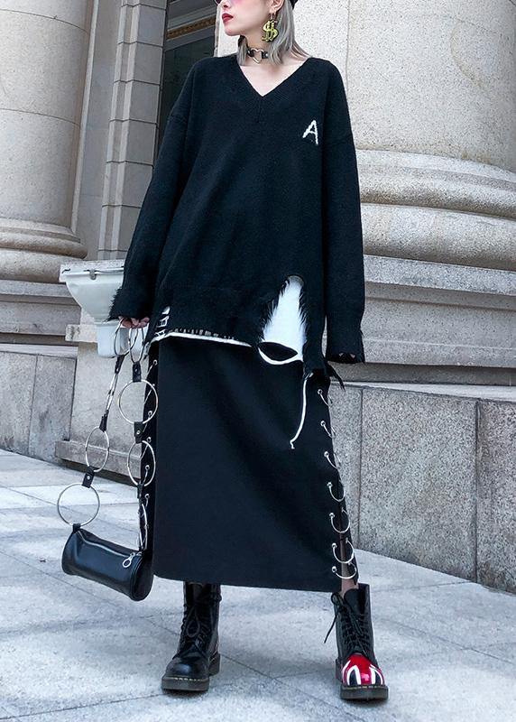 Pullover Black Knitted Loose Fitting V Neck Hole Knit Tops