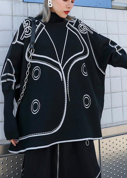 Pullover Black Print Knit Wear Clothing O Neck Batwing Sleeve Blouse