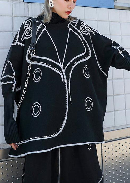 Pullover Black Print Knit Wear Clothing O Neck Batwing Sleeve Blouse