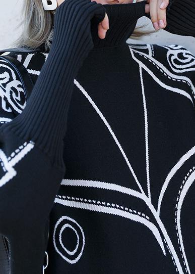 Pullover Black Print Knit Wear Clothing O Neck Batwing Sleeve Blouse