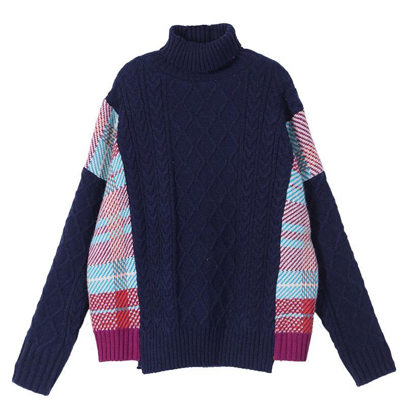 Pullover Blue Plaid Knit Tops Spring High Neck Knit Blouse