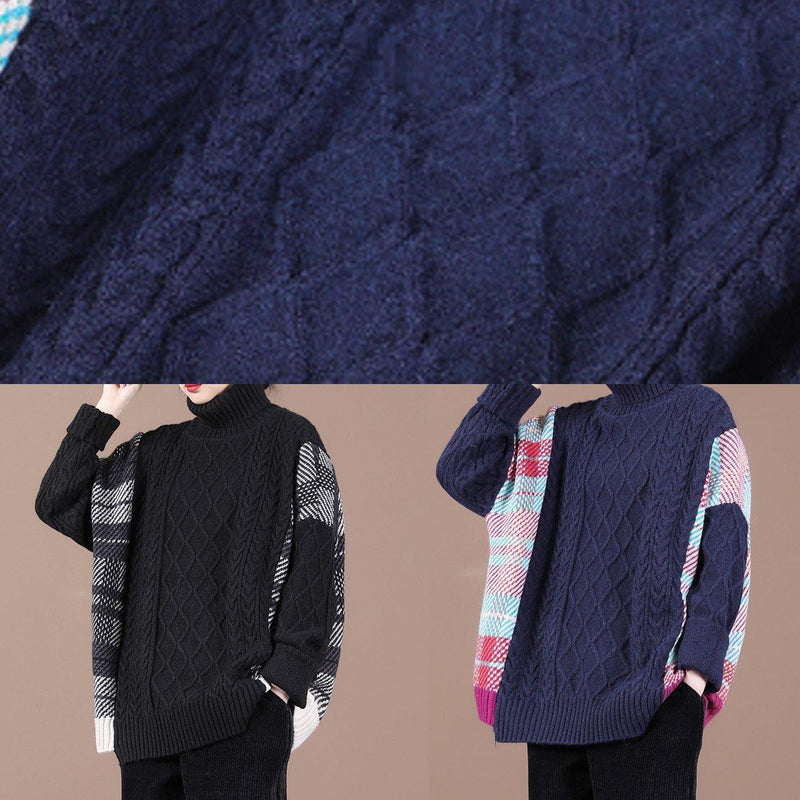 Pullover Blue Plaid Knit Tops Spring High Neck Knit Blouse