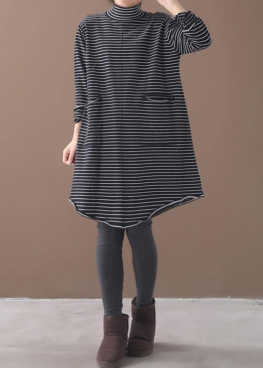 Pullover Blue Striped Knitwear Oversize High Neck Asymmetric Knit Tops