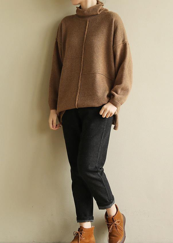 Pullover Brown Clothes for Patchwork Turtleneck Knit Tops