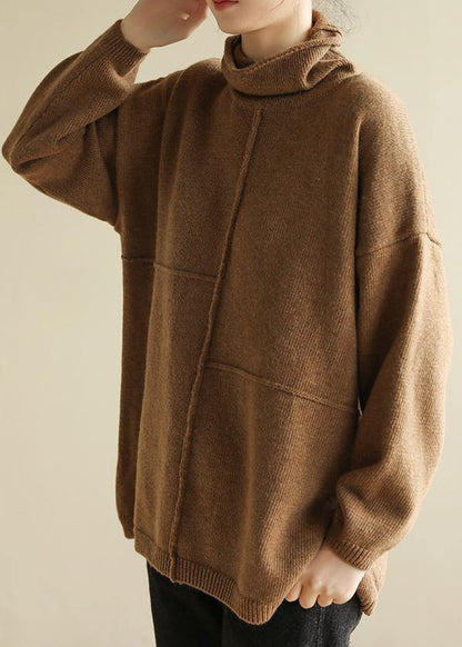 Pullover Brown Clothes for Patchwork Turtleneck Knit Tops